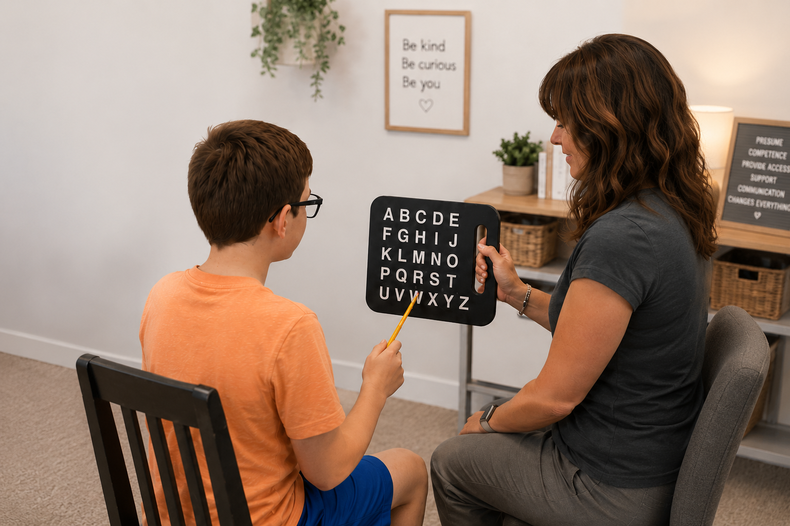 A student pointing to the letterboard during a one-on-one S2C session